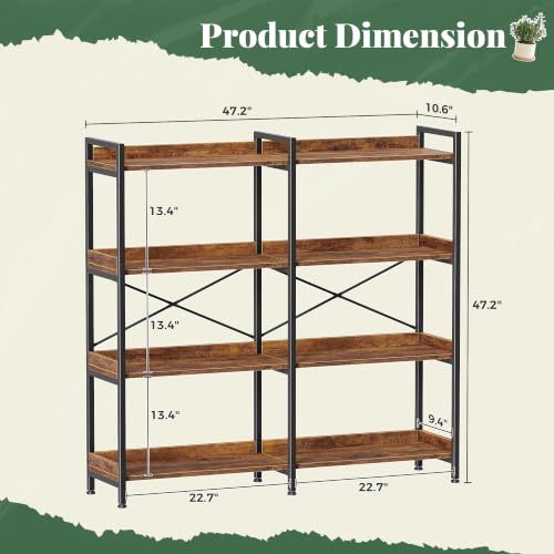Huuger 4 Tier Bookshelf with 8 Open Shelves and Raised Baffle, Rustic Brown - color: Rustic Brown, size: 4 Tier