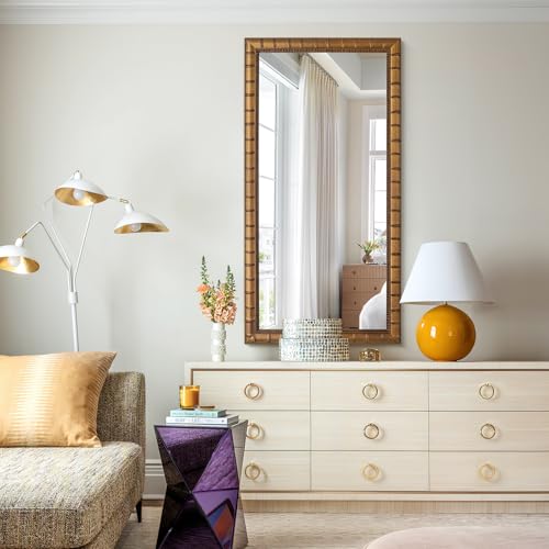 Large Decorative Mirror for Wall, 60'' x 30'' Antiuqe Warm Gold Living Room Mirrors with Bamboo-Joint Frame, Classic Vintage Gold Wooden Mirror, Horizontal/Vertical - color: Gold, size: 60"L x 30"W