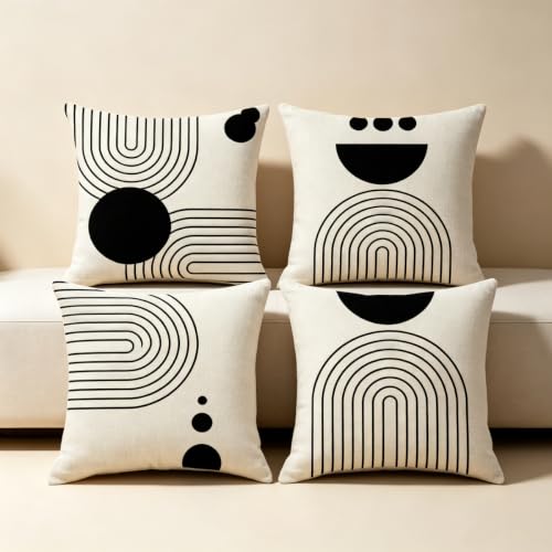 IcosaMro Boho Pillow Covers 18x18 Set of 4 Mid Century Black and White - color: Geometric Curve