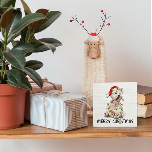 West Highland White Terrier Christmas Wooden Box Sign Desk Decor, Westie Dog Lover Gifts, Christmas Dog Wood Block Sign for Home Office Desk Table Shelf Wall Decorations, 5x5 Inch - color: West Highland