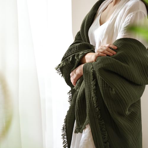 MooMee 100% Cotton Muslin Blanket, Fringed 4-Layer Gauze Bed Couch Throw - color: Olive Green, size: Throw