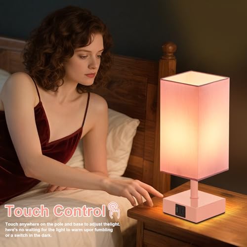 Touch Table Lamp for Bedroom - Dimmable, USB C+A, Pink Lamphade Pink Base - color: Pink & Pink