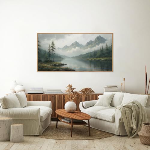SIGNINART Large Green Forest Framed Canvas Wall Art, Misty Mountain Lake Wall Decor, Modern Foggy Wood Landscape Artwork, Nature Oil Painting Art Print for Living Room, Bedroom, Office 20"x40" - color: Green, size: 40"L x 20"W