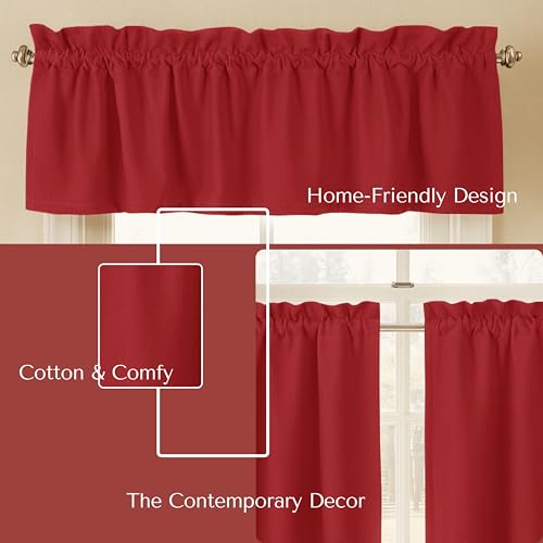 Native Fab 3 Pieces Window Curtain Tiers 26"x36" and Valance 54"x18" Set - Rod Pocket - Semi Sheer - Short Curtain for Kitchen, Bathroom, Living Room - Red - color: Red