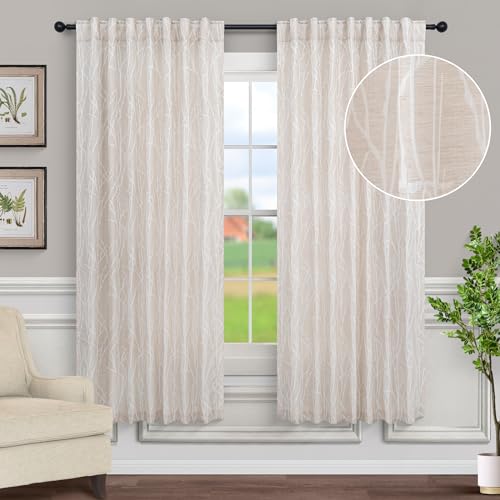 Pitalk Beige Pattern Curtains 63 Inch Length for Bedroom 2 Panels Back Tab Pocket Tree Branch Vintage Floral Cotton Textured Semi Sheer Apricot Curtain for Dining Room Kitchen Door Bathroom 52x63 Long - color: Beige, size: 52"W x 63"L (Pack of 2)