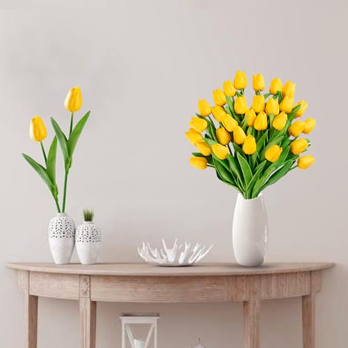 Sggvecsy 30 Pcs Fake Tulips Artificial Flowers Real Touch PU Faux Flowers Tulip Stems for Wedding Spring Bouquet Floral Arrangement Home Party Office Decorations for Mother's Day (Dark Yellow) - color: Dark Yellow, size: 30 Pcs