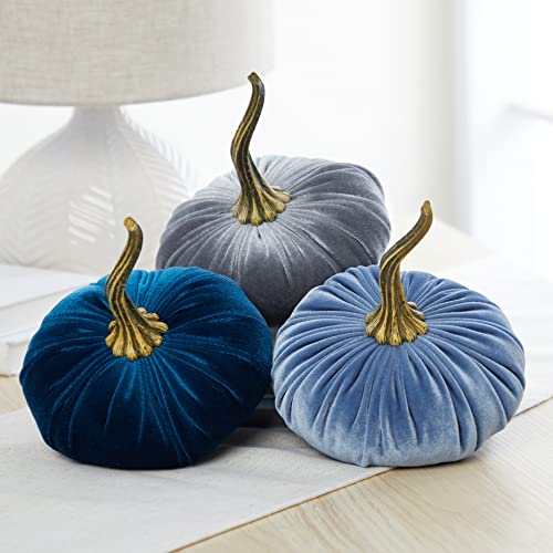 Set of 3 Velvet 6.25 Inch Pumpkins, blue pumpkins, fall decorations for the home, elegant autumn accent, bowl filler for centerpiece, basket for hostess gift, mantel decor (Slate, Gray, Teal) - color: Slate, Gray, Teal