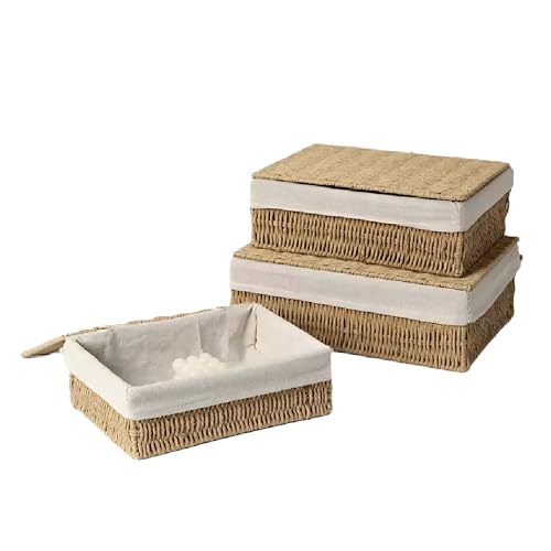 Large Storage Baskets with Lid Set of 3, Woven Bins with Liner - size: Large with Lids