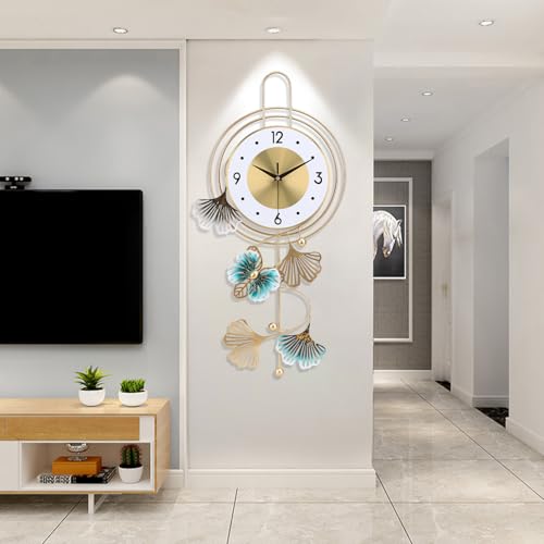 Large Wall Clock for Living Room, Round dial with Golden Green Leaves and Butterfly, Modern Silent Non-ticking Metal Wall Clocks for Kitchen Bedroom Study Office, 12.5x25.5inch (Gold Butterfly&Leaves) - color: White Leaf