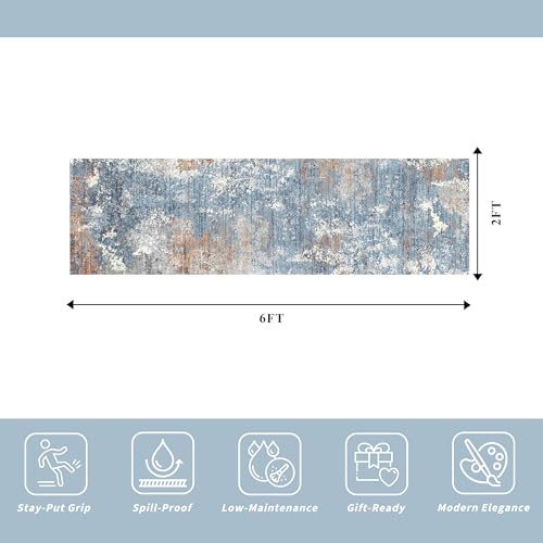 2x6 Non-Slip Washable Kitchen Runner Rug – Modern Abstract Carpet Runner for Hallway Bedroom Bathroom Laundry Room Entryway – Low-Pile Thin Rubber Backed(Blue Rust,2x6) - color: Blue Rust, size: 2' x 6' (Rectangular)