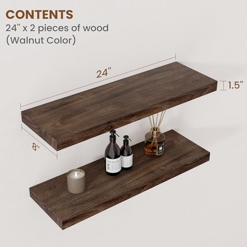 Floating Shelves for Wall Decor, 8 Inch Deep Rustic Solid Elm Wood Floating Shelves Wall Mounted, Wall Shelves with Invisible Bracket for Living Room Bathroom Bedroom Kitchen, 24 Inch Set of 2, Walnut - color: Walnut, size: Flat Edge, 24inch, 2Packs