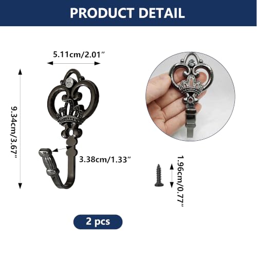 2 Pack Gunmetal Crown Curtain Holdbacks, Heavy Duty Metal Wall Hooks for Hanging Drapes, Coats, Hats & Towels, Vintage Rustic Decor for Living Room, Bedroom, Entryway - color: Gunmetal, size: 2PCS