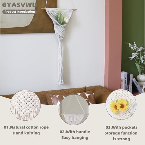 GYASVWU Cotton Rope Boho Wall Decor, Macrame Wall Hanging Decor, White Wall Art with Woven Pocket, Woven Wall Decor for Dried Flower Storage/Pampas Grass Decor/Living Room Decor/Bedroom Decor (White)
