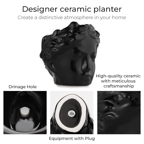Small Head Planter - Ceramic Face Planter Pots for Indoor Plants, Cute Funny Succulent Pot with Drainage Hole, Unique Gift, 3.9" - color: Black