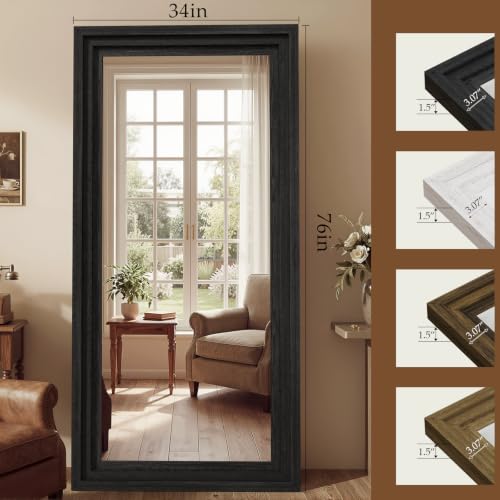 Wood Full Length Mirror 76"x34", Large Solid Wood Frame Floor Mirror - color: Black, size: 76"L x 34"W