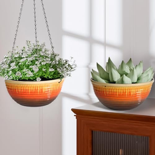 10 Inch Glazed Hanging Planters 2 Pack, Hanging Baskets with Drainage Hole - color: Orange Glaze, size: 10 inch