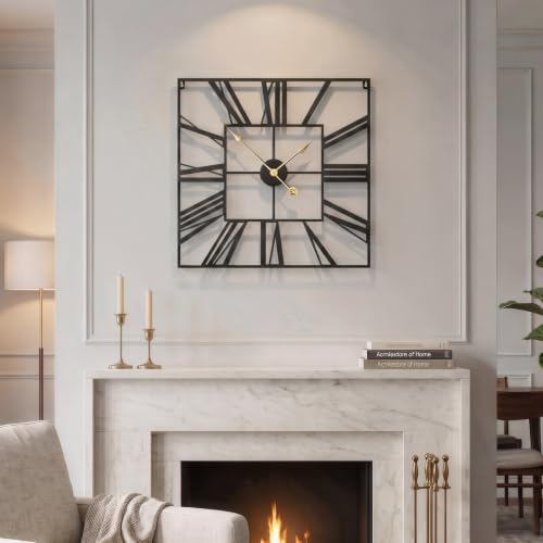 Cuspin 24 Inch Square Wall Clock, Large Black Metal Roman Numeral Clock - color: Black Roman Square, size: 24 Inch
