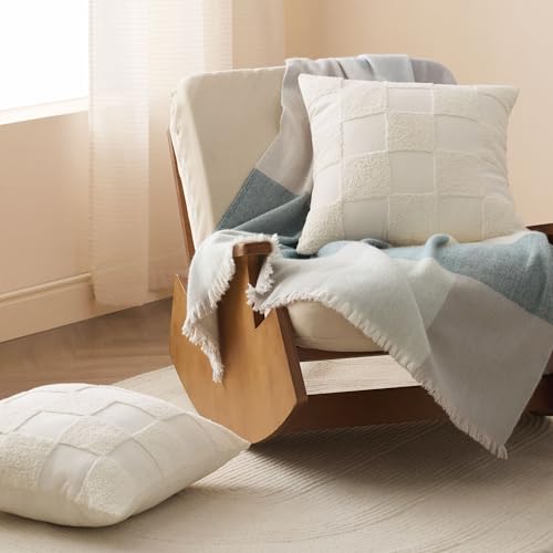 Double Stitch 100% Cotton Tufted Boho Checkered Throw Pillow Covers, Cream - color: Cream, size: 20" x 20" (Pack of 2)
