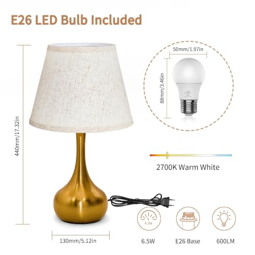 ONEWISH Touch Table Lamp for Bedroom, 3-Way Dimmable Gold Bedside Lamps for Nightstand with Fabric Shade,17.32'' Desk Lamp for Kids Reading, Home Office - color: Beige Linen Mushroom Shade & Gold Base
