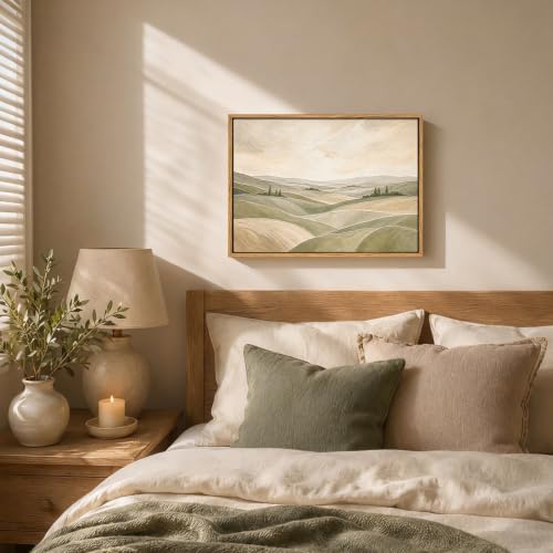 Framed Modern Neutral Green Abstract Landscape Canvas Wall Art, 16x12 In - color: ROLLING HILLS, size: 16"L x 12"W