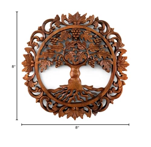 G6 Collection 12" Wooden Hand Carved Tree of Life Wall Art Relief Panel Handcrafted Wall Plaque Gift Home Decor Accent Handmade Wood Decoration Rustic Artwork Floral (Grapevine)