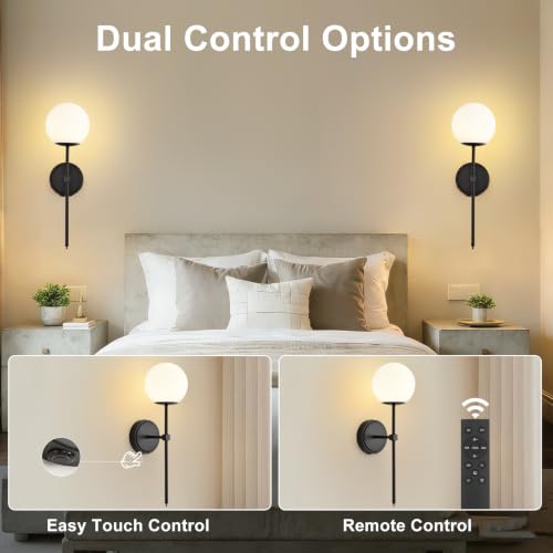 Globe Battery Operated Sconce Set of 2 with Clear Glass Lampshade - color: Black-Frosted White