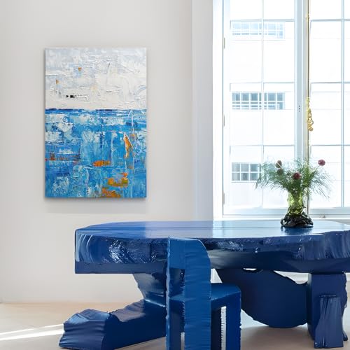 Modern Abstract Blue Textured Oil Painting Canvas Wall Art for Living Room - color: Blue White, size: 24"L x 36"W