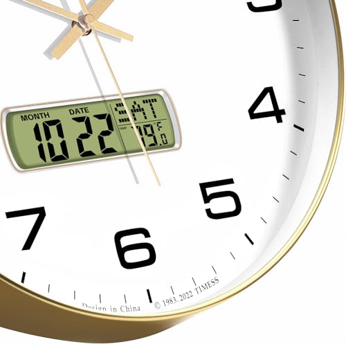 TIMESS 13-Inch Non-Ticking Analog Wall Clock with LCD Display, Gold - color: Gold, size: 13 Inch