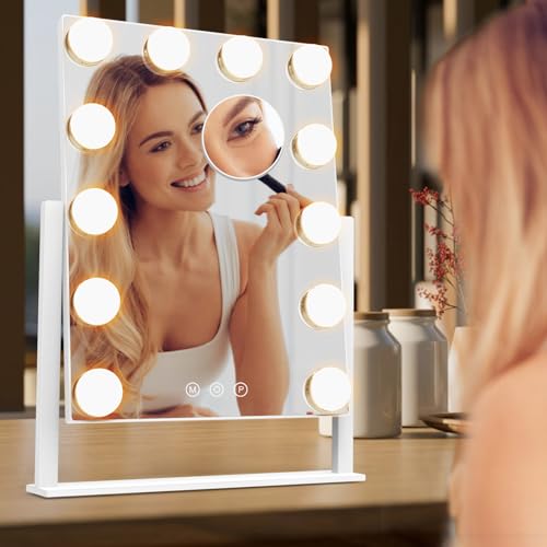 Dirket Vanity Mirror with Lights, Hollywood Lighted Makeup Mirror with 3 Color Lighting Modes and 12 Dimmable Bulbs, Detachable 5X Magnification, Smart Touch Control, 360°Rotation, White - color: 12 Bulbs