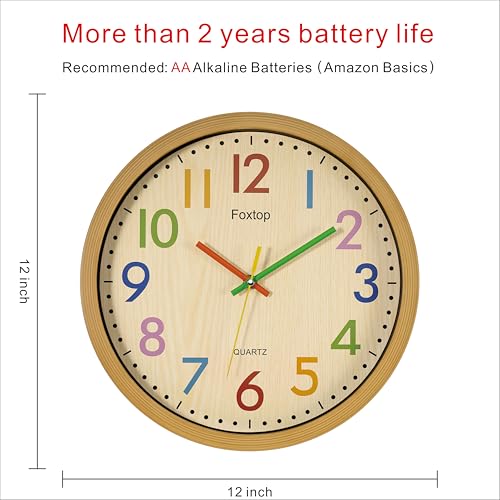 Foxtop Silent Kids Wall Clock 12 Inch Non-Ticking Battery Operated Colorful Childrens Clock for Classroom Playroom Nursery Bedrooms Kids Room School - color: Multicolor-12"