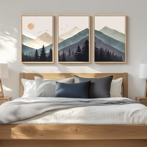 Large Framed Boho Mountain Landscape Wall Art for Living Room, 24x36 Inch - color: Neutral Blue, size: 24" W x 36" H x 3Pcs