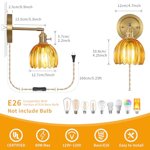Vintage Wall Sconces Set of 2 Plugin Bedroom Bedside - color: Amber
