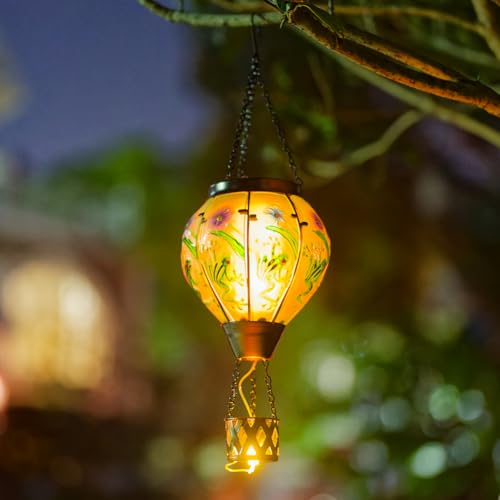 Starsoul Frog Hot Air Balloon Solar Lantern with Candle Holder Glass Outdoor Solar Hot Air Balloon Flickering Flame Lamp Hanging Garden Light Waterproof for Lawn Porch Tree Yard Decorations - color: Frog