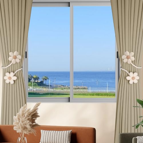 Meplait 2 Pack Flower Curtain Tiebacks, Boho Tie Backs for Curtains, Beige - color: B Flower-beige
