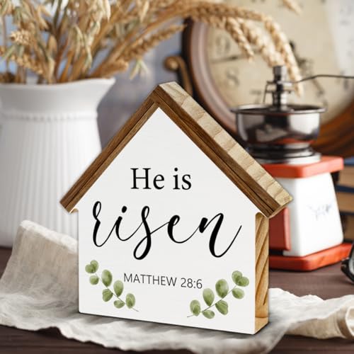 Easter Decor, He Is Risen House Shaped Wood Block Sign - color: He