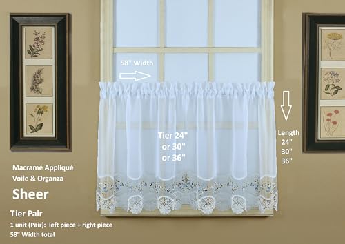 Today's Curtain, Vintage Macramé Organza Tier 24", White/Blue, 58" W x 24" L - color: White/Blue, size: 58"W x 24"L (Pack of 1)
