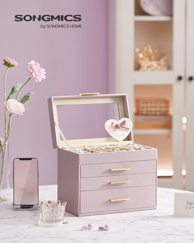 SONGMICS Jewelry Box Organizer, 4-Layer Storage with 3 Drawers, Glass Lid - color: Lavender Purple + Gold, size: 4 Layer (6"d X 9.9"w)