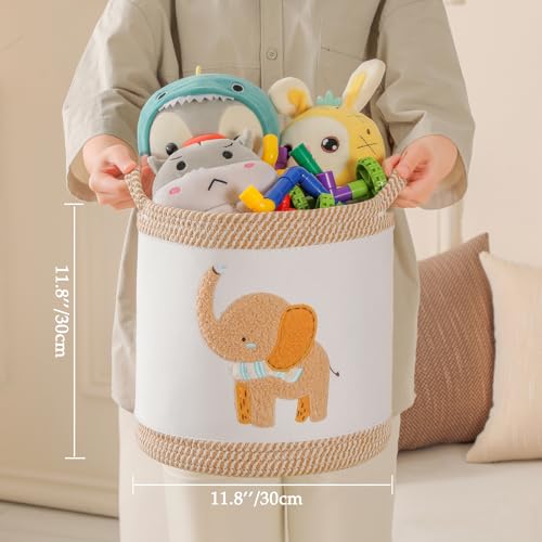 Baby Toy Basket Blanket Baskets Laundry Hamper Cute Elephant Nursery Organization Bins with Handle, Woven Cotton Rope Nursery Storage Basket For Girls Boys Kids Baby Shower Gifts Baskets