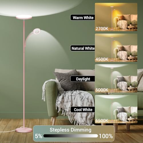 marctronic Pink Floor Lamp, 42W 4000LM Super Bright LED Room Lamp with Adjustable Reading Light,Dimmable Modern Standing Lamp with Remote & Touch Control for Room Bedroom Office Floor Light - color: Pink 42W