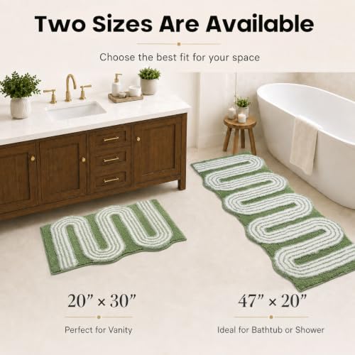 Geometric Design Boho Runner Bathroom Rugs, Long Scalloped Cute Bath Mat Non Slip for Bedroom Kitchen Hallway Laundry Room, Funky Retro Farmhouse Bath Rug Washable, Green, 51"x20" - color: Green, size: 1'8" x 4'3" (Rectangular)