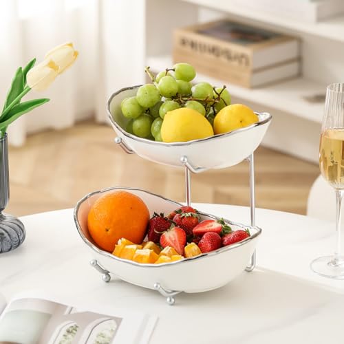 2-Tier Fruit Bowls for Kitchen Counter,Ceramic White Bowl with Silver Metal Stand,2 Tier Fruit Basket for Fruit,Snack,Cake,Nuts,Dessert Space Saving Storage - color: Silver&White