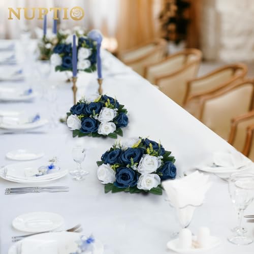 NUPTIO Flower Centerpieces for Tables, Fake Rose Balls, Navy Blue & White - color: Navy Blue & White, size: 2 Pcs