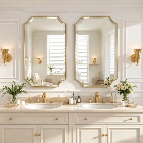 POZINO 40"x24" Premium Brushed Gold Rectangle Beveled Mirror for Bathroom - color: Brushed Gold Scalloped, size: 40"L x 24"W