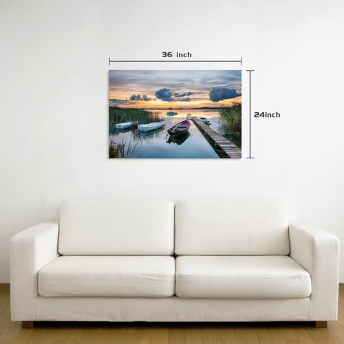Dream Land Lake Boat Landscape Artwork: Rustic Reed Water Wall Art Long Bridge Sunset Canvas Picture for Bedroom - color: bridge, size: 36"L x 24"W