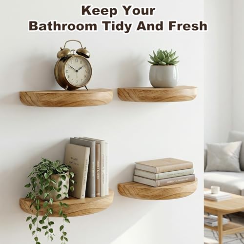 4 Pcs Small Floating Shelves for Wall,8.27 Inch Solid Wood Half Round Floating Shelves Rustic Sturdy Invisible Wall Mount Display for Small Plants for Living Room Bedroom