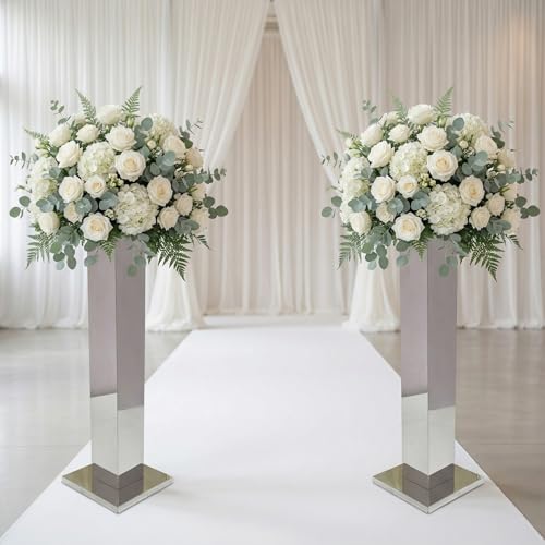 2PCS Tall Silver Vases for Centerpieces,31.5inch Stainless Steel Column Geometric Centerpieces Wedding Flower Stand Flower Floor Vase for Tables Wedding Anniversary - color: Silver