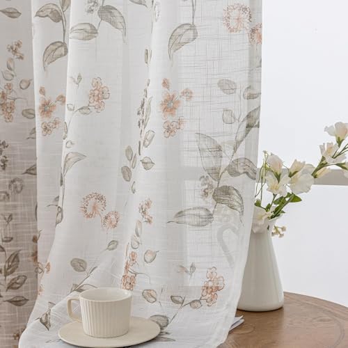 SUOUO Floral Semi Sheer Curtains Linen Textured 96 inches 2 Panels - color: Coffee-l, size: 52"W x 96"L (Pack of 2)