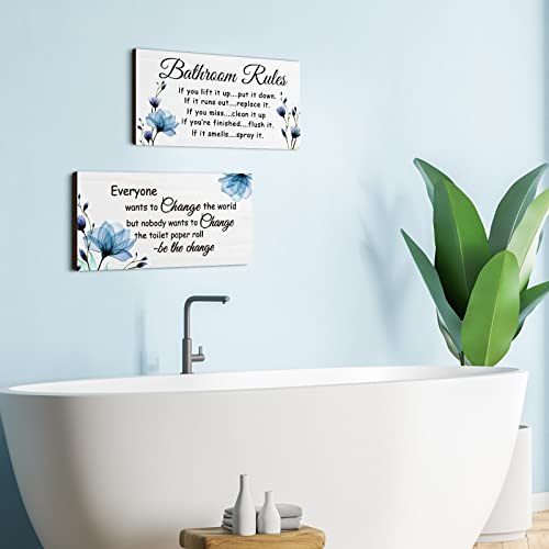Jetec 2 Pcs Funny Bathroom Signs Wall Decor Farmhouse,Blue Floral - style: Blue Floral