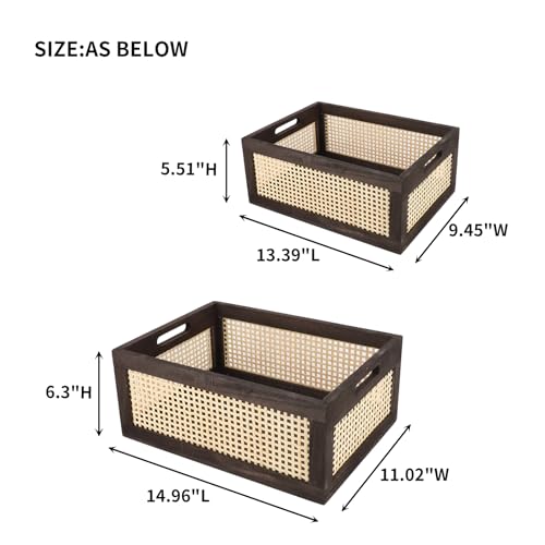 Rattan Wooden Storage Basket with Handle, Brown Set of 2 - color: Brown, size: Large & Small (Set of 2)