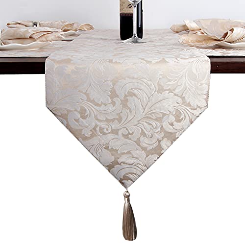 EHouseHome Jacquard Damask Reversible Beige Table Runners with Tassels 13 x 72 inch Wrinkle and Water Resistant Spill-Proof Decorative Dining and Wedding Runners - color: Beige With Tassels